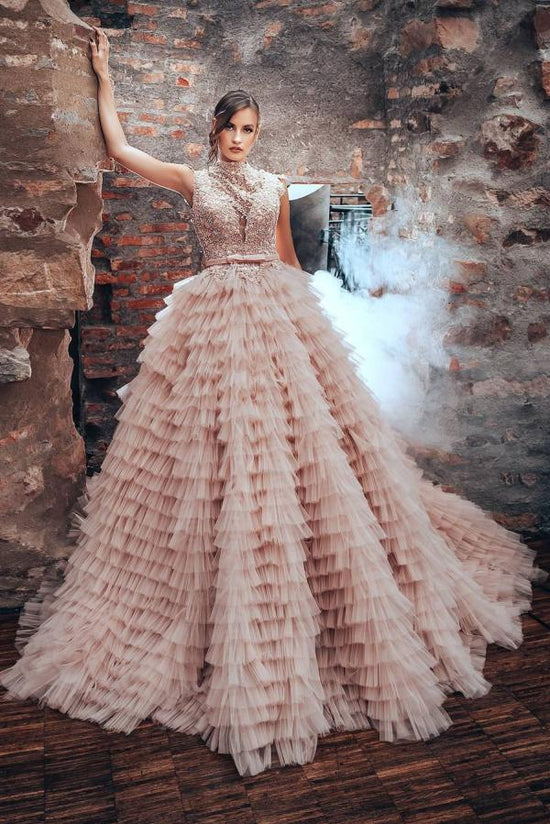 Luxury Long A-line High Neck Tulle Princess Wedding Dress-BIZTUNNEL