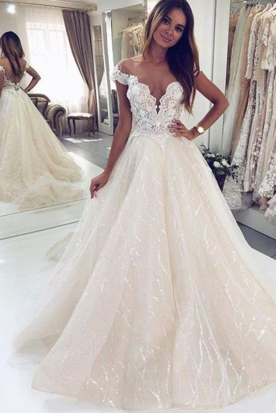 Luxury Long A-line Off-the-shoulder Tulle Open Back Glitter Wedding Dress-BIZTUNNEL