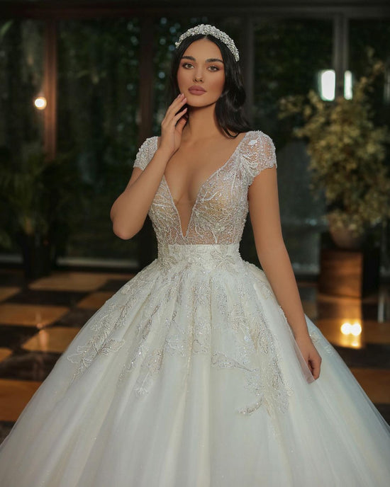 Luxury Long A-line V-neck Beads Tulle Glitter Wedding Dress with Cap Sleeves-BIZTUNNEL