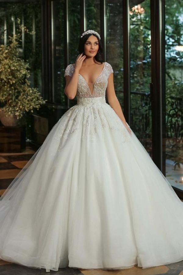 Luxury Long A-line V-neck Beads Tulle Glitter Wedding Dress with Cap Sleeves-BIZTUNNEL