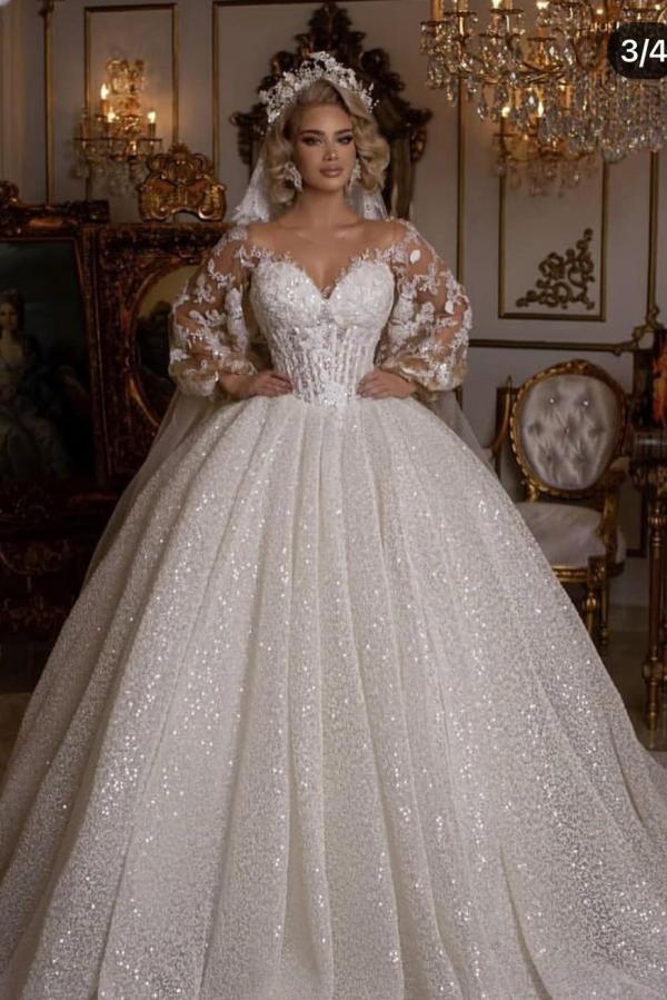 Luxury Long Ball Gown Glitter Wedding Dress with Puffy Sleeves-BIZTUNNEL