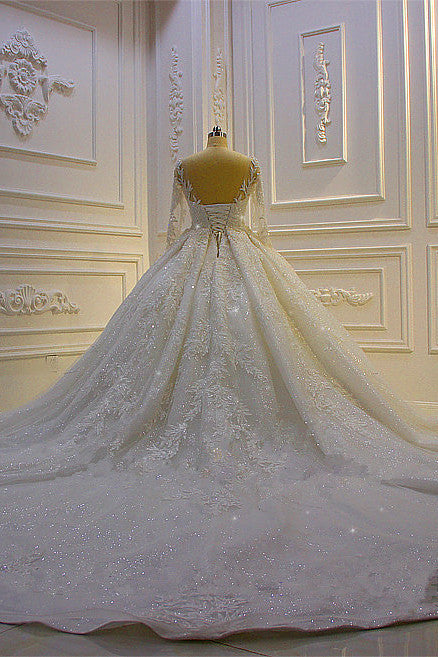 Luxury Long Ball Gown Lace Appliques Wedding Dress with Sleeves-BIZTUNNEL