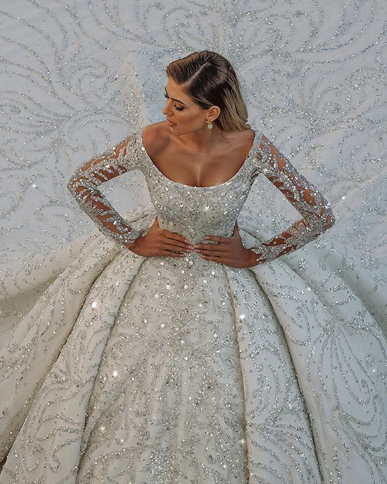 Luxury Long Ball Gown Sequin Off The Shoulder Backless Wedding Dress with Sleeves-BIZTUNNEL