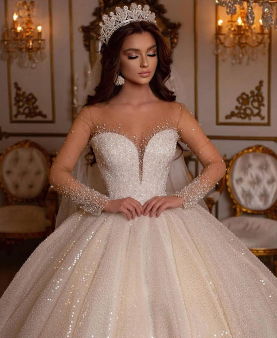 Luxury Long Ball Gown Sweetheart Sparkly Wedding Dress with Sleeves-BIZTUNNEL