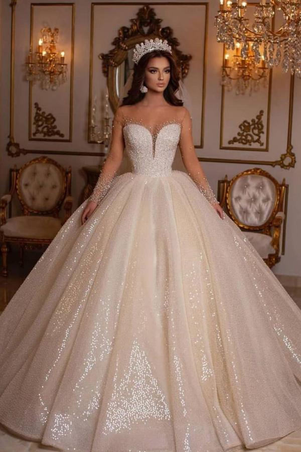 Luxury Long Ball Gown Sweetheart Sparkly Wedding Dress with Sleeves-BIZTUNNEL