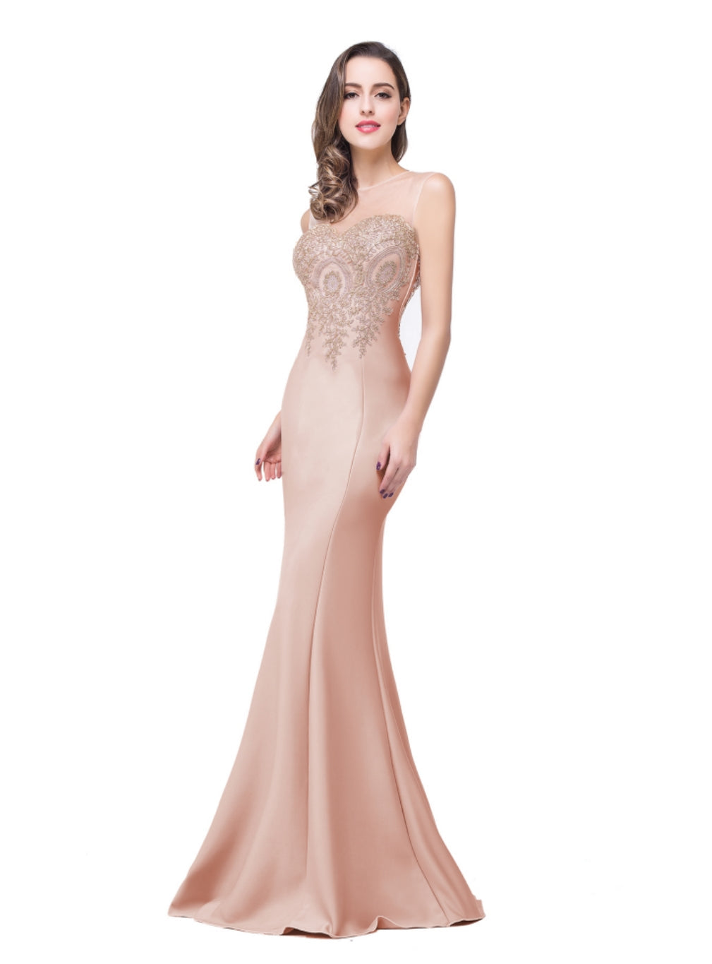 Mermaid Floor-Length Sheer Floor Length Dresses with Rhinestone Appliques - Biztunnel