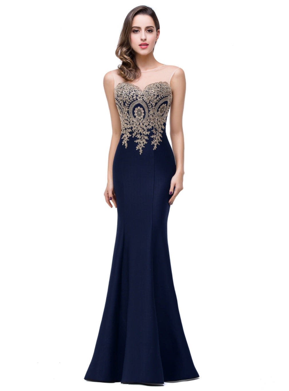 Mermaid Floor-Length Sheer Floor Length Dresses with Rhinestone Appliques - Biztunnel