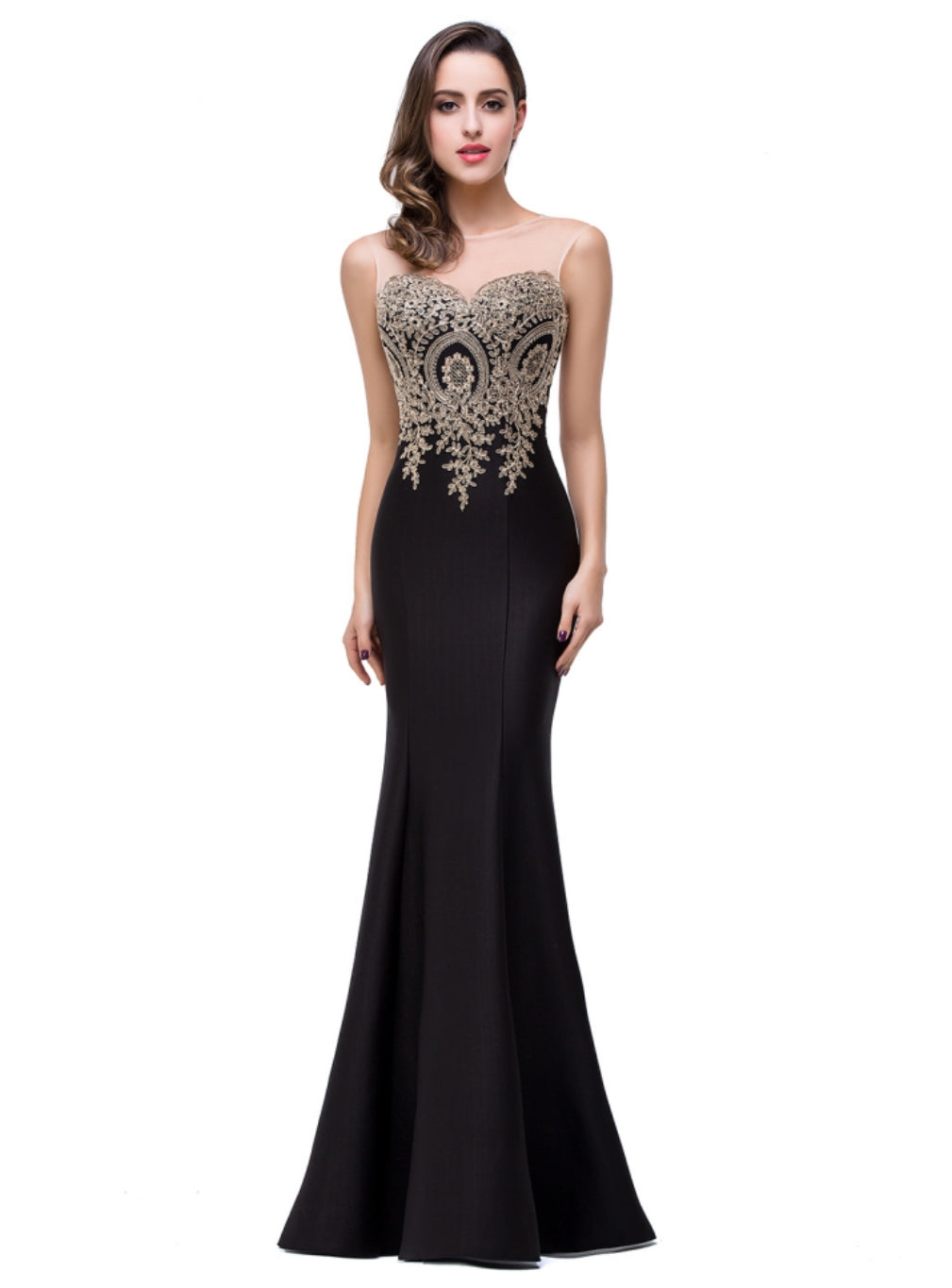 Mermaid Floor-Length Sheer Floor Length Dresses with Rhinestone Appliques - Biztunnel