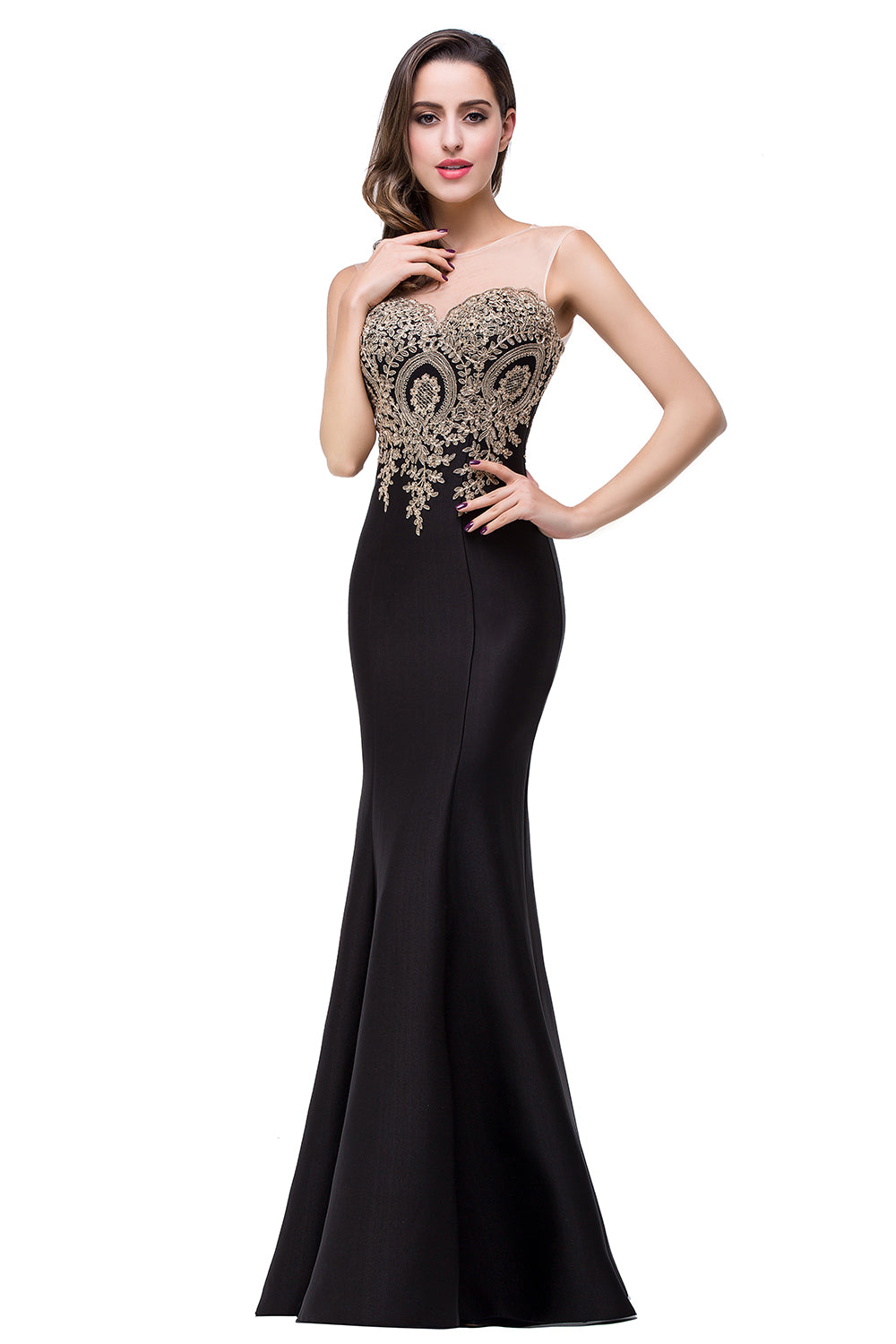 Mermaid Floor-Length Sheer Floor Length Dresses with Rhinestone Appliques - Biztunnel