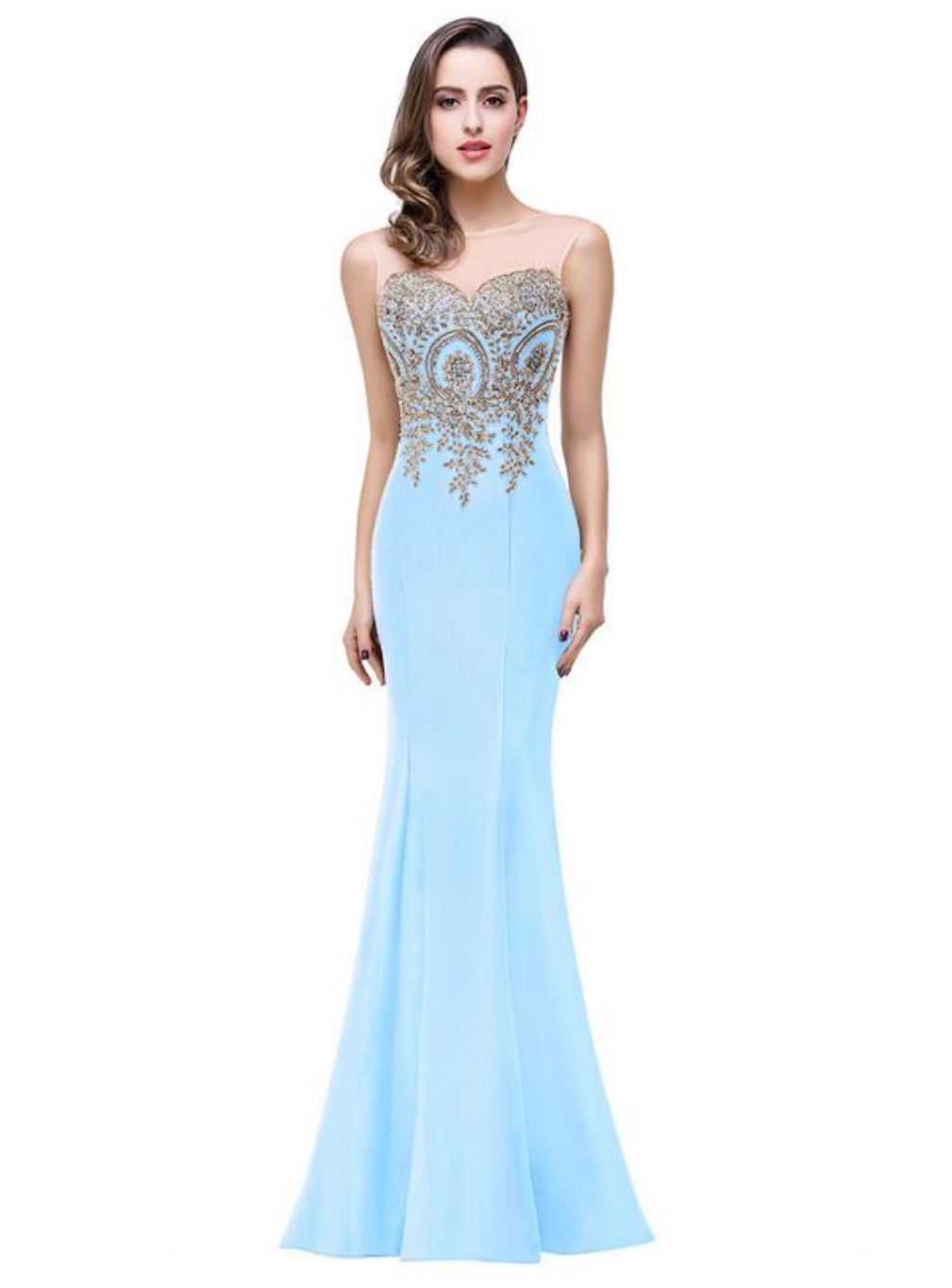 Mermaid Floor-Length Sheer Floor Length Dresses with Rhinestone Appliques - Biztunnel