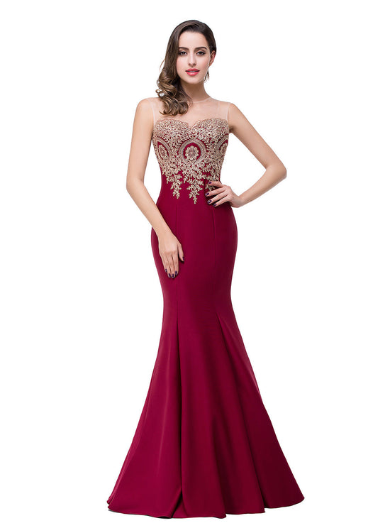 Mermaid Floor-Length Sheer Floor Length Dresses with Rhinestone Appliques - Biztunnel