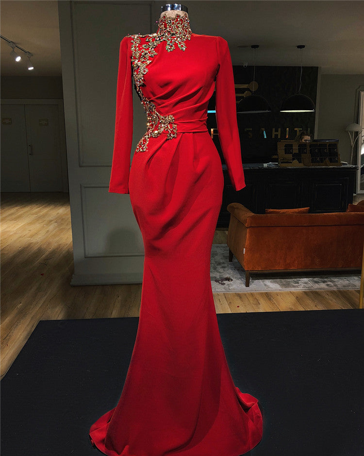 Modest Fitted Mermaid Red Prom Dress With Cape Sleeves #D018