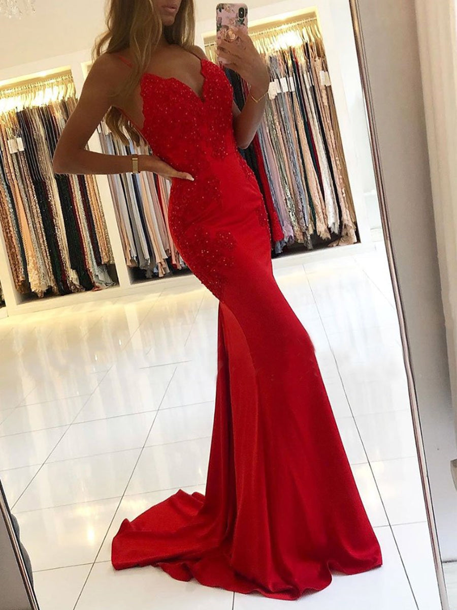Mermaid Strapless Long Backless Red Lace Prom Dress