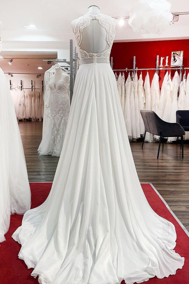 Modest Long A-line Chiffon Jewel Appliques Open Back Wedding Dress-BIZTUNNEL