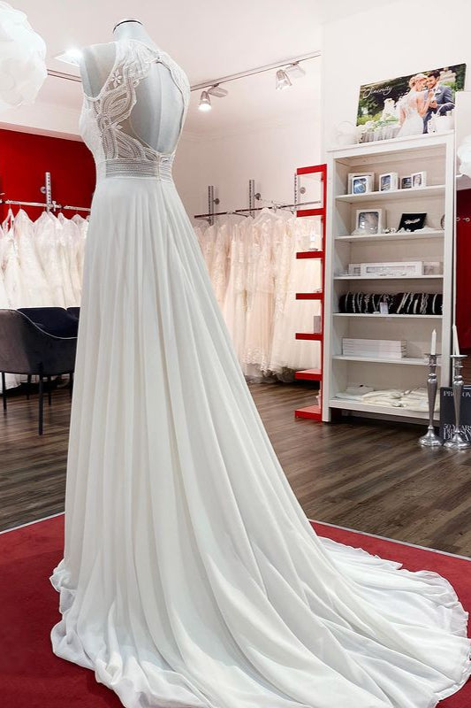 Modest Long A-line Chiffon Jewel Appliques Open Back Wedding Dress-BIZTUNNEL