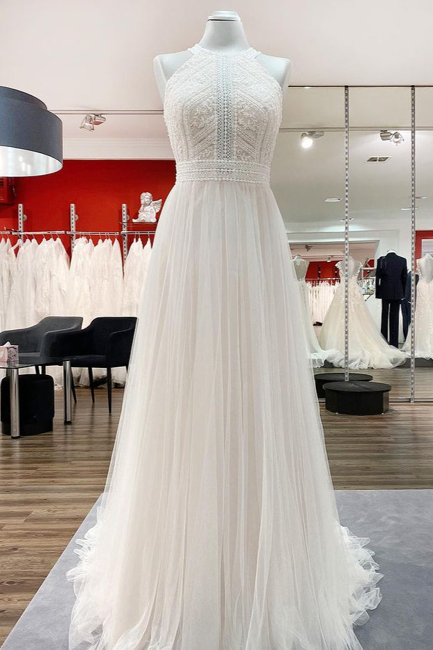 Modest Long A-line Halter Tulle Lace Backless Wedding Dresses-BIZTUNNEL