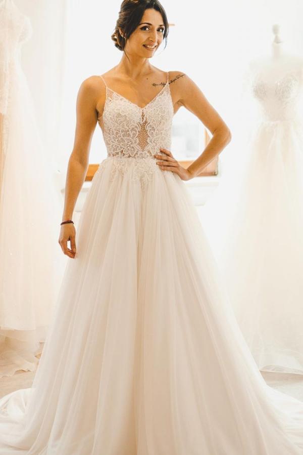 Modest Long A-line Spaghetti Straps Tulle Backless Wedding Dress-BIZTUNNEL