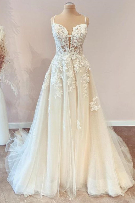 Modest Long A-line Spaghetti Straps Tulle Wedding Dress with Appliques Lace-BIZTUNNEL