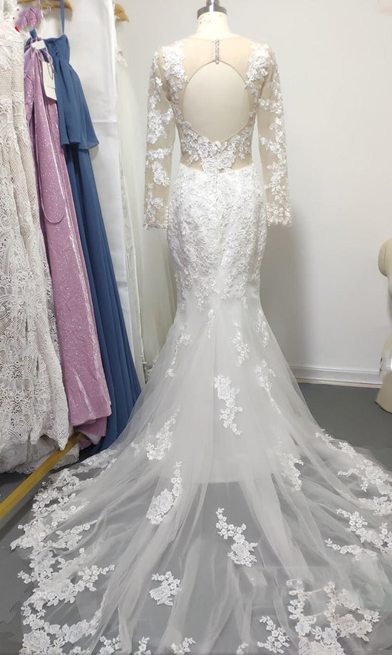 Modest Long Mermaid Sweetheart Lace Wedding Dress with Sleeves-BIZTUNNEL