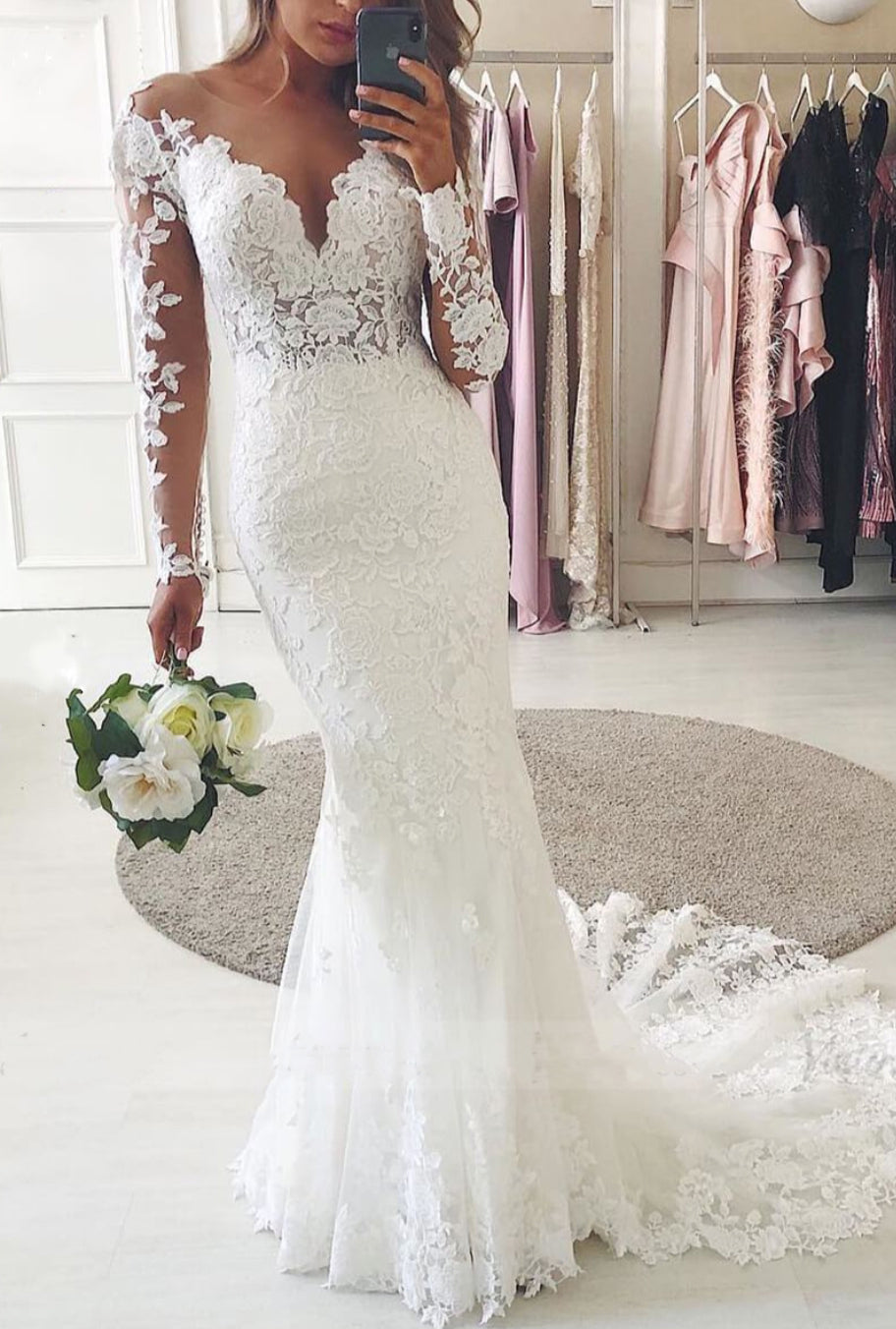 Modest Long Mermaid Sweetheart Lace Wedding Dress with Sleeves-BIZTUNNEL