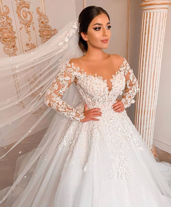 Modest Long Princess Tulle Lace Wedding Dress with Sleeves-BIZTUNNEL