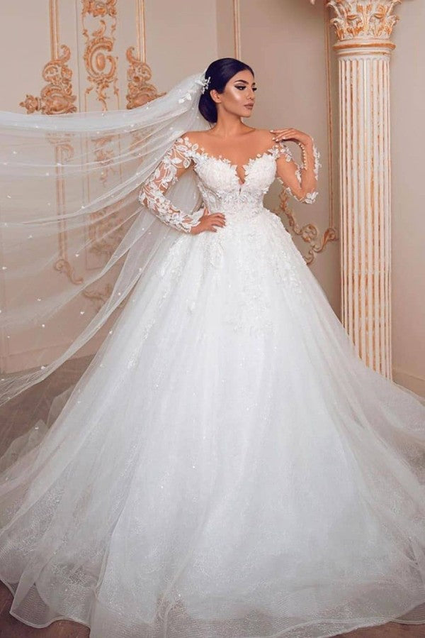 Modest Long Princess Tulle Lace Wedding Dress with Sleeves-BIZTUNNEL