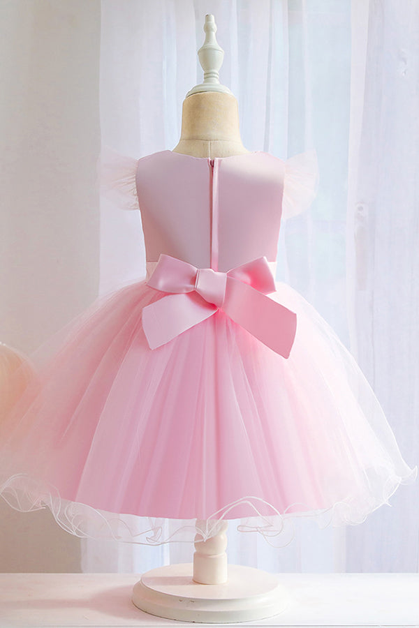 Pink Short Ball Gown Floral Appliques Tulle Flower Girl Dresses-BIZTUNNEL