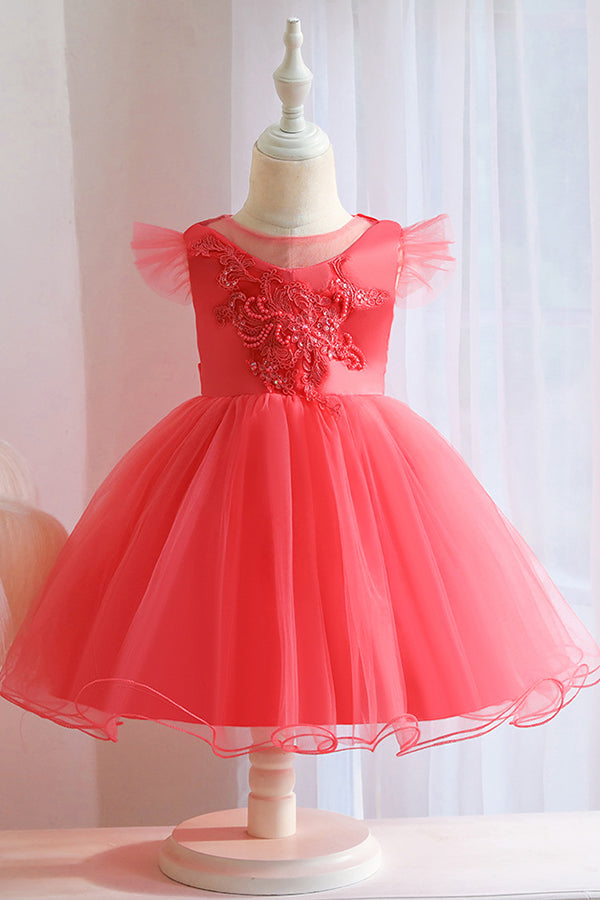 Pink Short Ball Gown Floral Appliques Tulle Flower Girl Dresses-BIZTUNNEL