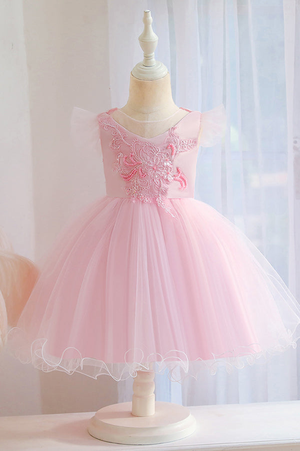 Pink Short Ball Gown Floral Appliques Tulle Flower Girl Dresses-BIZTUNNEL