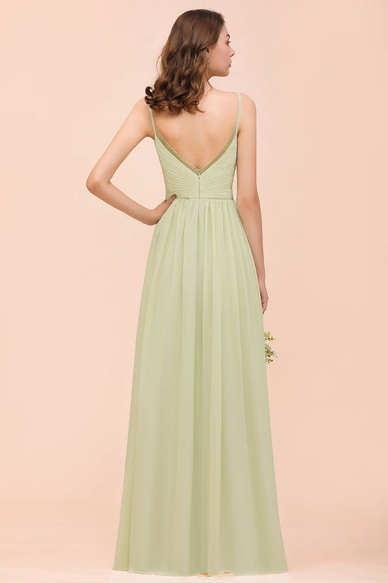 Popular Sage Long A-line V-neck Chiffon Backless Bridesmaid Dress-BIZTUNNEL