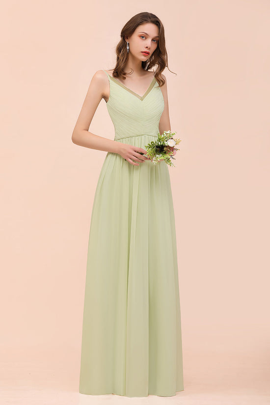 Popular Sage Long A-line V-neck Chiffon Backless Bridesmaid Dress-BIZTUNNEL