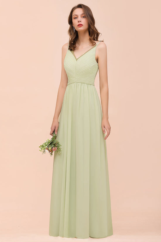 Popular Sage Long A-line V-neck Chiffon Backless Bridesmaid Dress-BIZTUNNEL