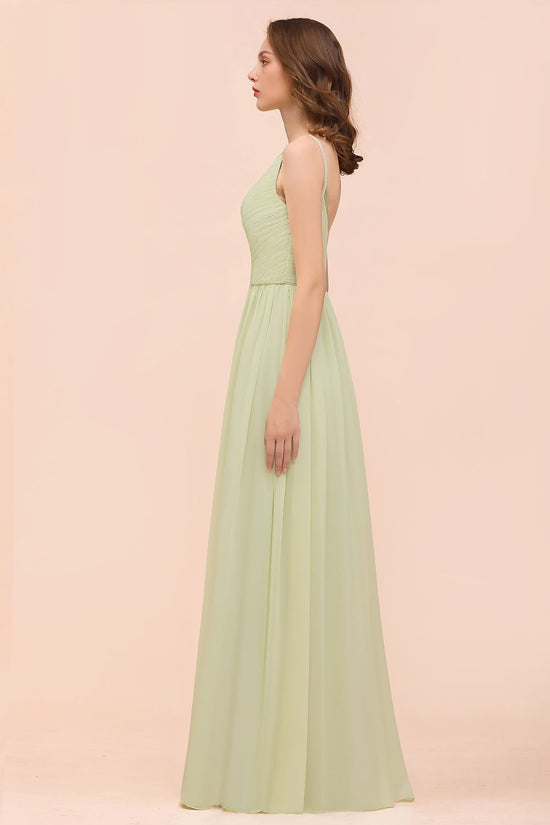 Popular Sage Long A-line V-neck Chiffon Backless Bridesmaid Dress-BIZTUNNEL