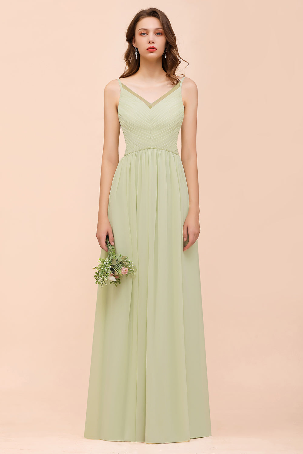 Popular Sage Long A-line V-neck Chiffon Backless Bridesmaid Dress-BIZTUNNEL