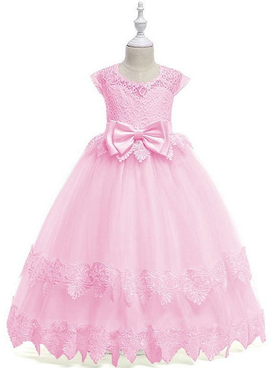 Princess Ball Gown Tulle Cap Sleeve Jewel Neck Wedding Party Flower Girl Dresses-BIZTUNNEL