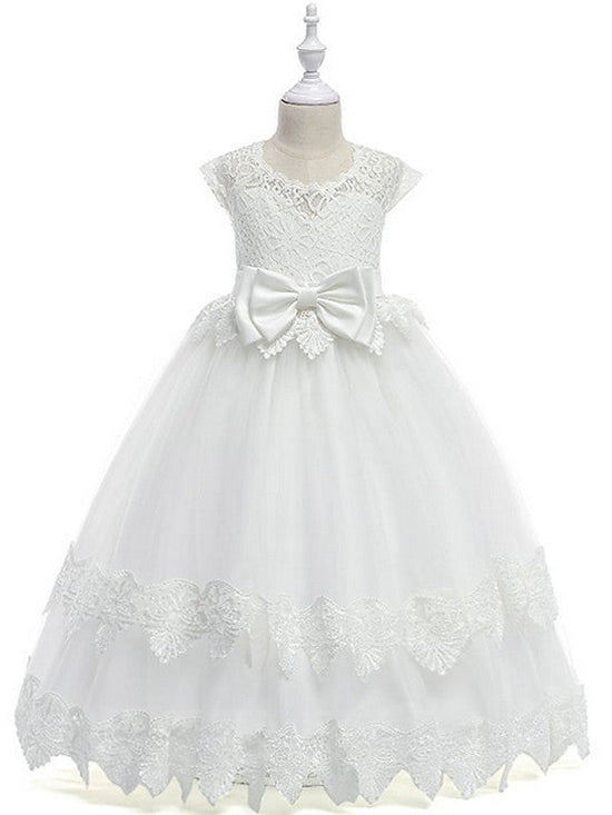 Princess Ball Gown Tulle Cap Sleeve Jewel Neck Wedding Party Flower Girl Dresses-BIZTUNNEL