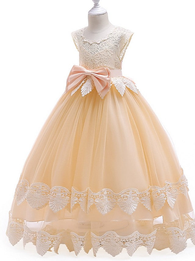 Princess Ball Gown Tulle Cap Sleeve Jewel Neck Wedding Party Flower Girl Dresses-BIZTUNNEL