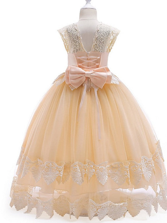 Princess Ball Gown Tulle Cap Sleeve Jewel Neck Wedding Party Flower Girl Dresses-BIZTUNNEL