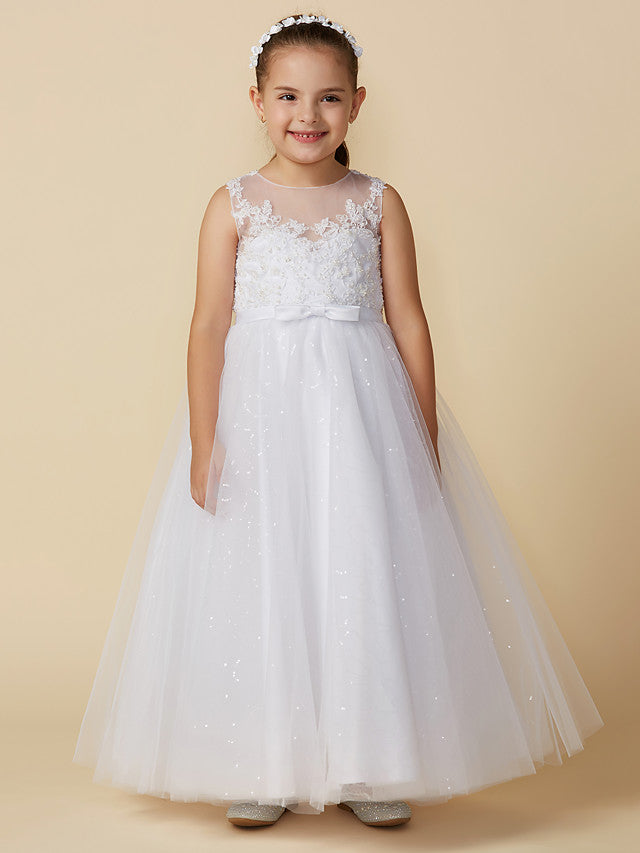 Princess Flower Girl Dresses Ankle Length Lace Tulle Boat Neck First Communion Dresses-BIZTUNNEL
