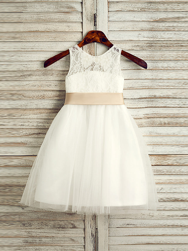 Princess Lace Tulle Satin Chiffon Jewel Neck Wedding First Communion Flower Girl Dresses With Belt-BIZTUNNEL