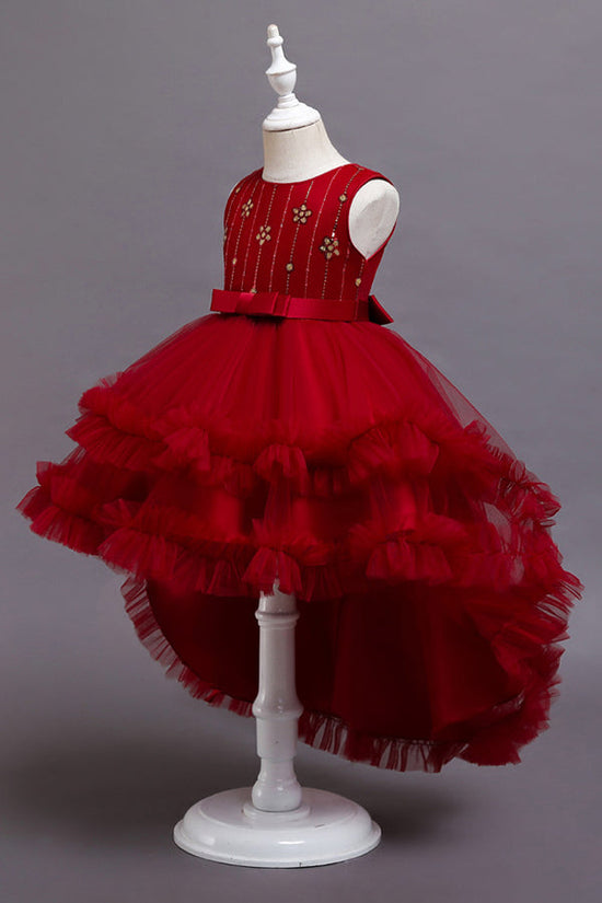 Red High Low Belt Tulle Ruffles Flower Girl Dresses-BIZTUNNEL