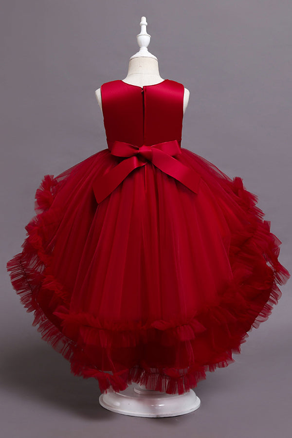 Red High Low Belt Tulle Ruffles Flower Girl Dresses-BIZTUNNEL