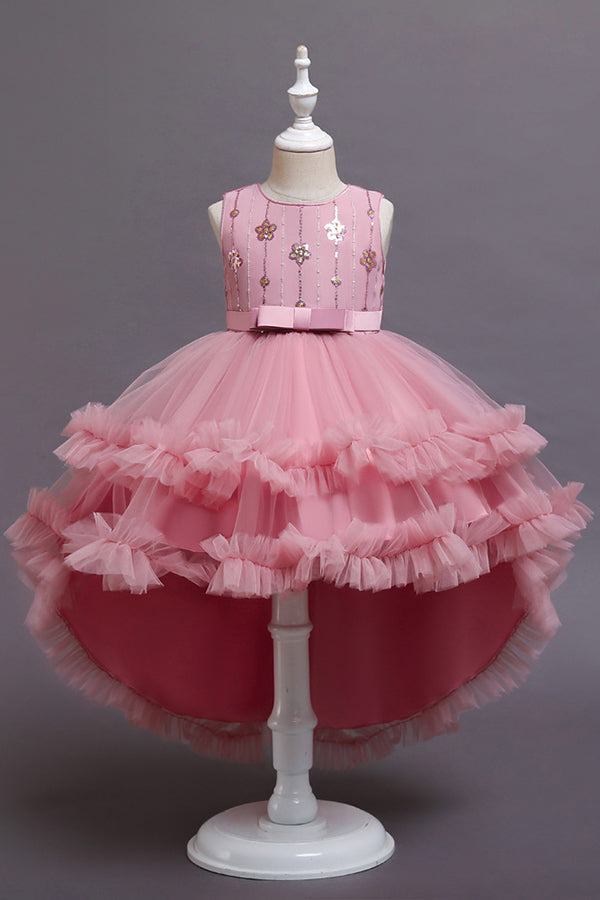 Red High Low Belt Tulle Ruffles Flower Girl Dresses-BIZTUNNEL