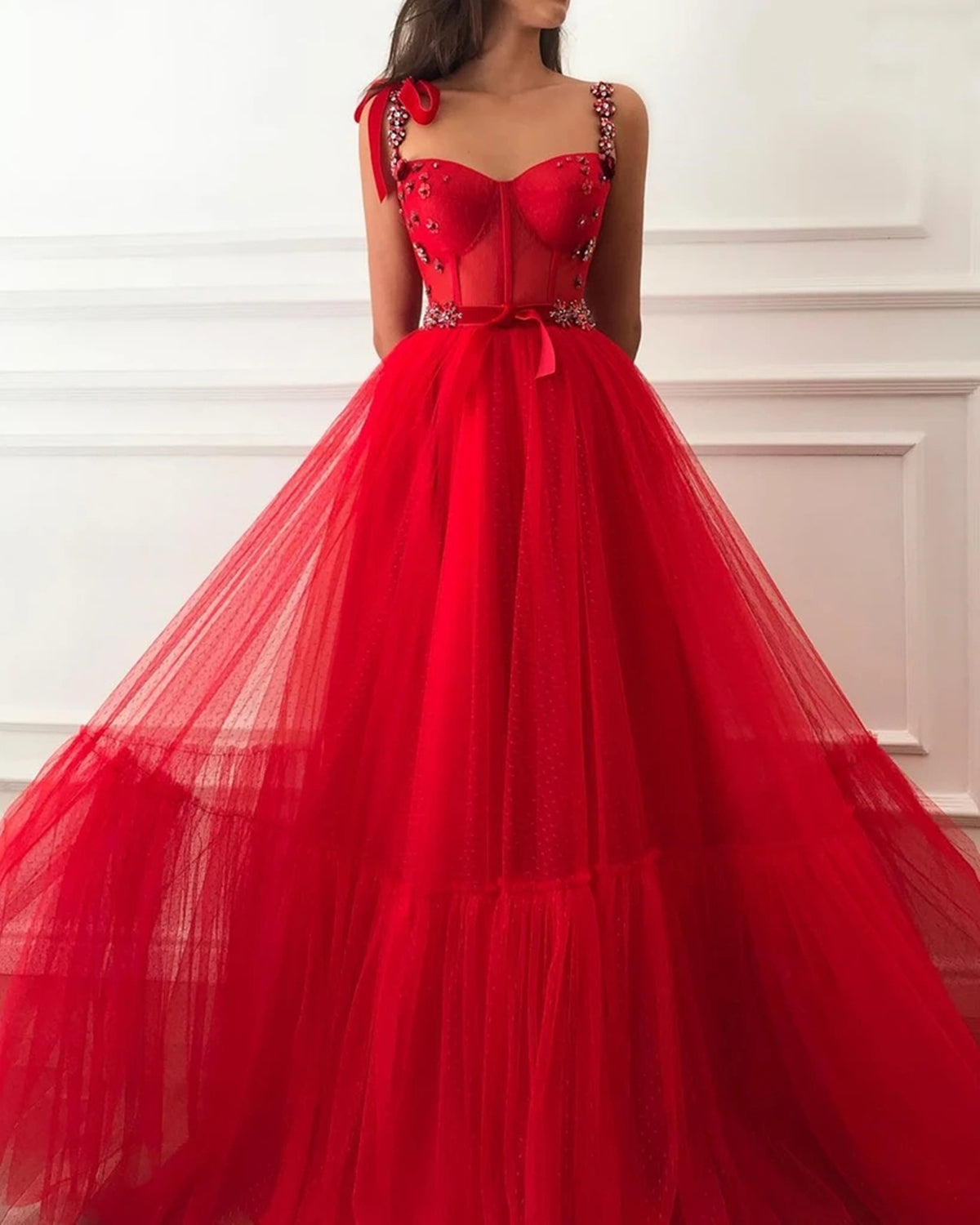 Red Long A-line Tulle Beaded Floral Formal Evening Graduation Prom Dresses-BIZTUNNEL