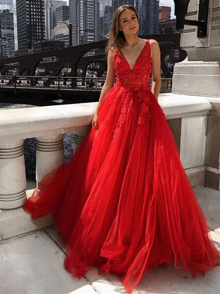 Shiny V Neck Open Back Puffy Red Tulle Long Prom Dresses, Red Tulle Formal  Evening Dresses SP2293