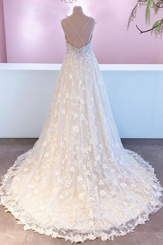 Romantic Long A-Line Sweetheart Appliques Lace Tulle Wedding Dress-BIZTUNNEL