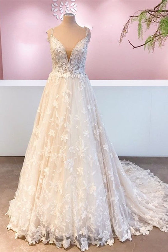 Romantic Long A-Line Sweetheart Appliques Lace Tulle Wedding Dress-BIZTUNNEL