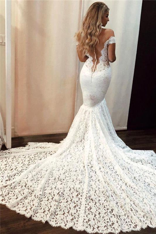 Romantic Long Off the Shoulder Appliques Lace Mermaid Wedding Dress-BIZTUNNEL