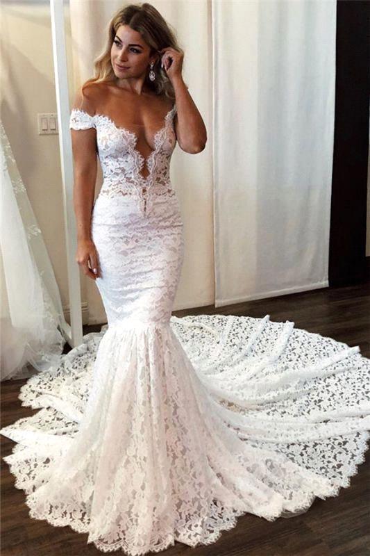 Romantic Long Off the Shoulder Appliques Lace Mermaid Wedding Dress-BIZTUNNEL