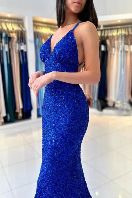 
                  
                    Royal Blue Long Mermaid V-neck Spaghetti Straps Backless Sequined Formal Prom Dresses-BIZTUNNEL
                  
                